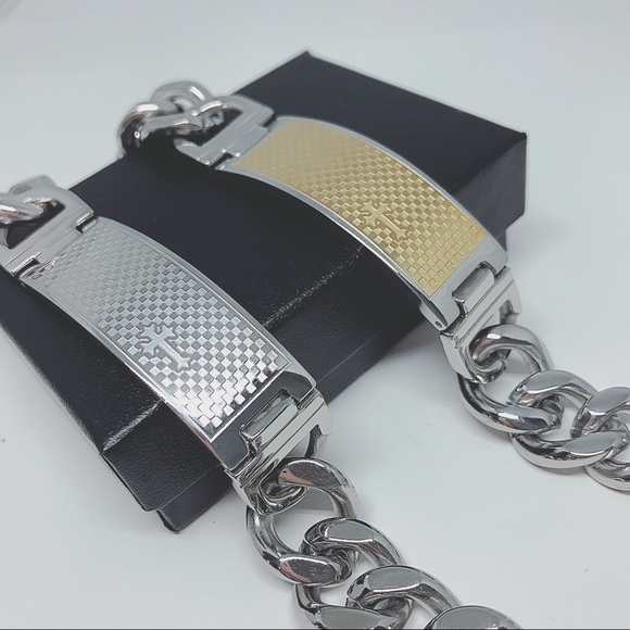 Mens Stainless Steel Curb Chain Cross ID Bracelet - Picture 4 of 5